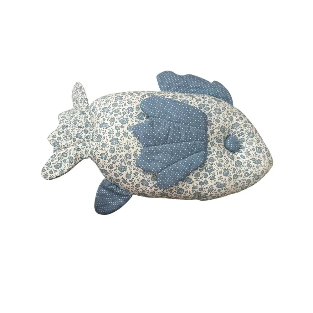Handmade Blue Floral Fish-Shaped Pillow Cottagecore Coastal Decor